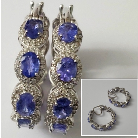 Vintage Jewelry - 5.65 Cttw Tanzanite Sterling Silver 925 Halo Hoop Earrings